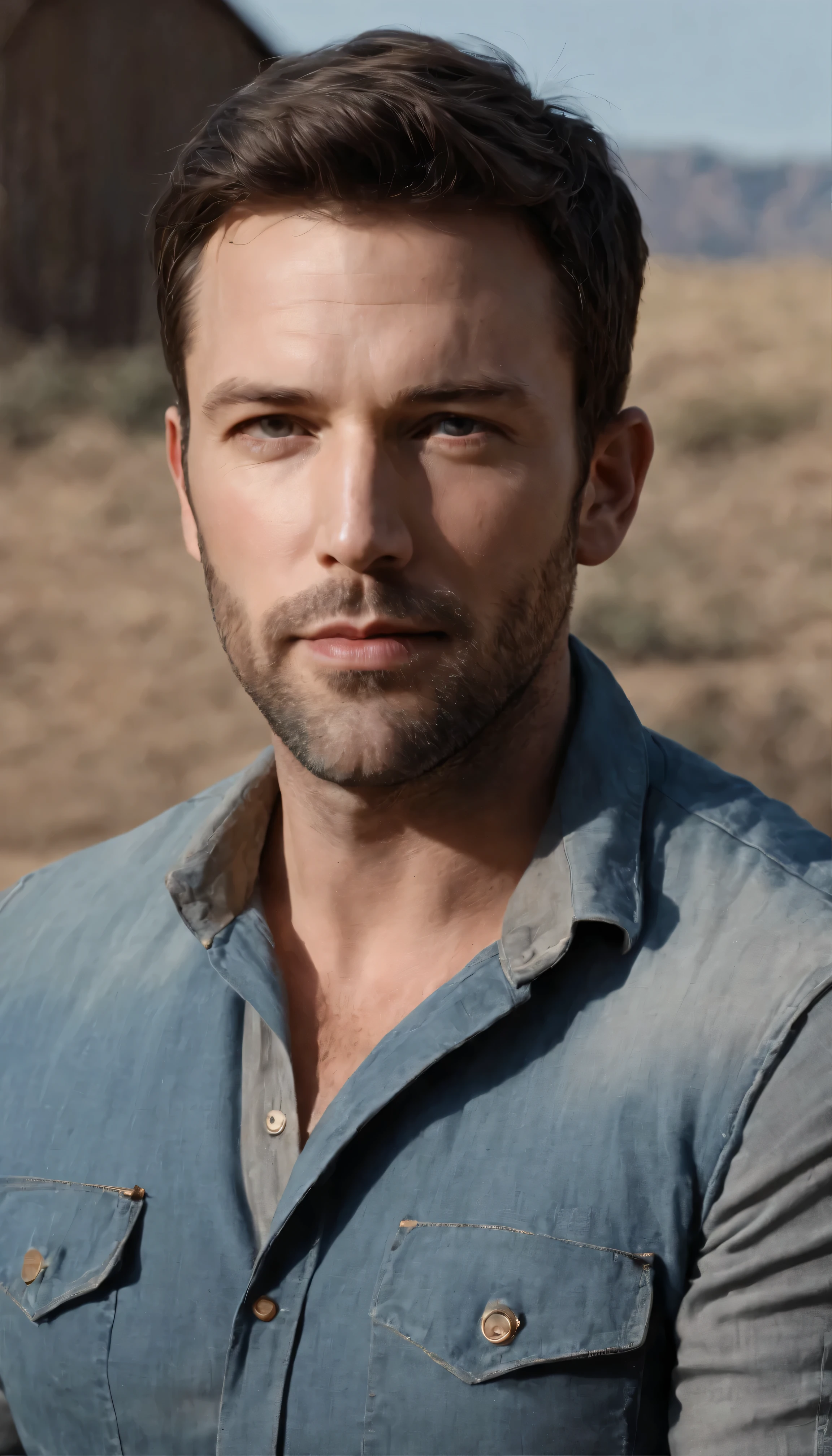 Ben Affleck Photos in High Definition,Holding a blank white banner in a rustic setting、Cowboy in a shirt and denim。Beautiful eyes framed by thick lashes、Reflecting the warmth of the sun。The cowgirl outfit is made of detailed fabric、This casts an interesting contrast with the sun.。Reminds me of Ben Affleck、Highly detailed and beautiful wallpapers are deployed。HD images coming