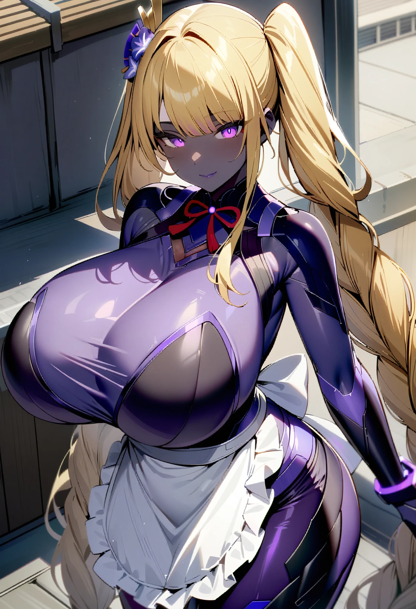 masterpiece, best quality, extremely detailed, 1girl, (milf, motherly:1.2), solo, (dark skin, black skin:2), raiden shogun, (huge breasts:1.34), ((((blonde hair), very long hair, twintails, purple eyes))), purple lips, (((mechanical bodysuit, purple bodysuit, frilled apron, white apron))), ((light smile), closed mouth), ((rooftop))