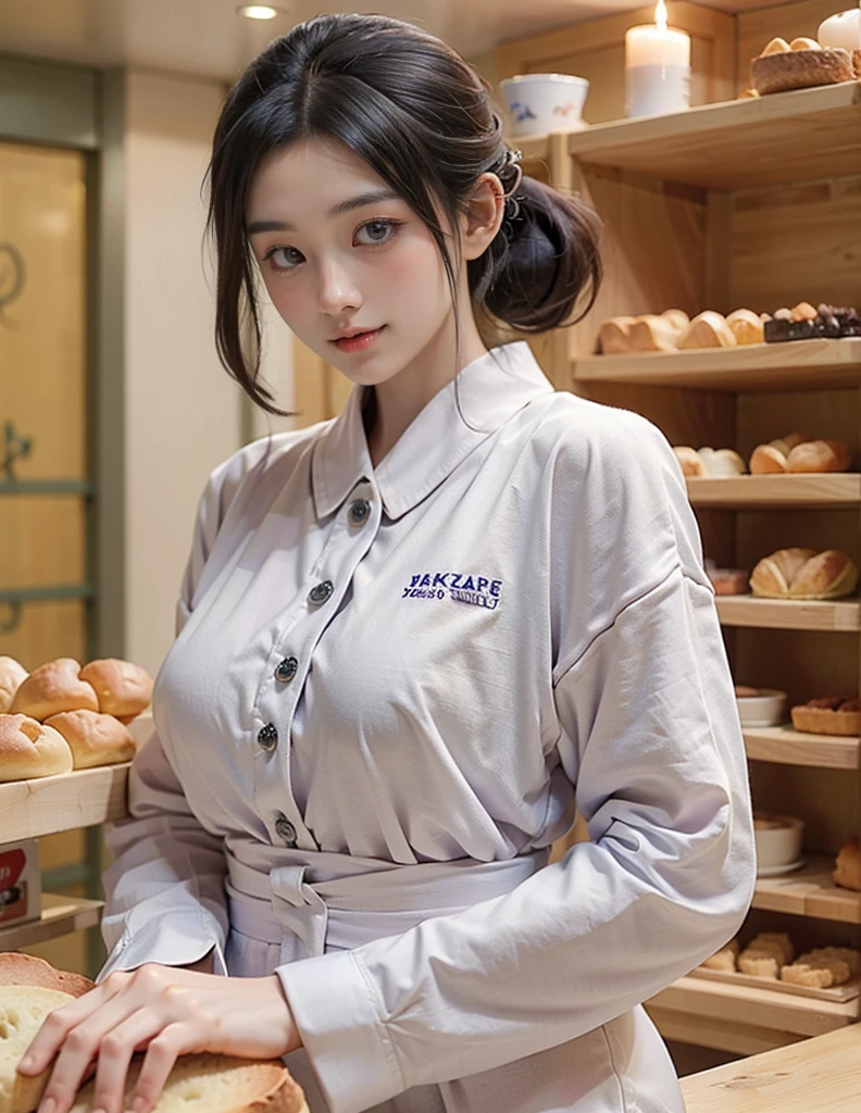 highest quality, masterpiece, Ultra-high resolution, (Realistic:1.4), ,((Erect nipples)),RAW Photos, One girl, Most popular Japanese idols, (At the bakery, Looking happily at the many pieces of bread, At the bakery楽しい時間を過ごす), Mr.々Details of different types of bread, Tight clothing, A very cute smile like the most famous Japanese idol, Perfect Proportions, Very cute face like the most famous Japanese idol, ((Very beautiful big black eyes)), Very beautiful short black hair, Detailed bakery
