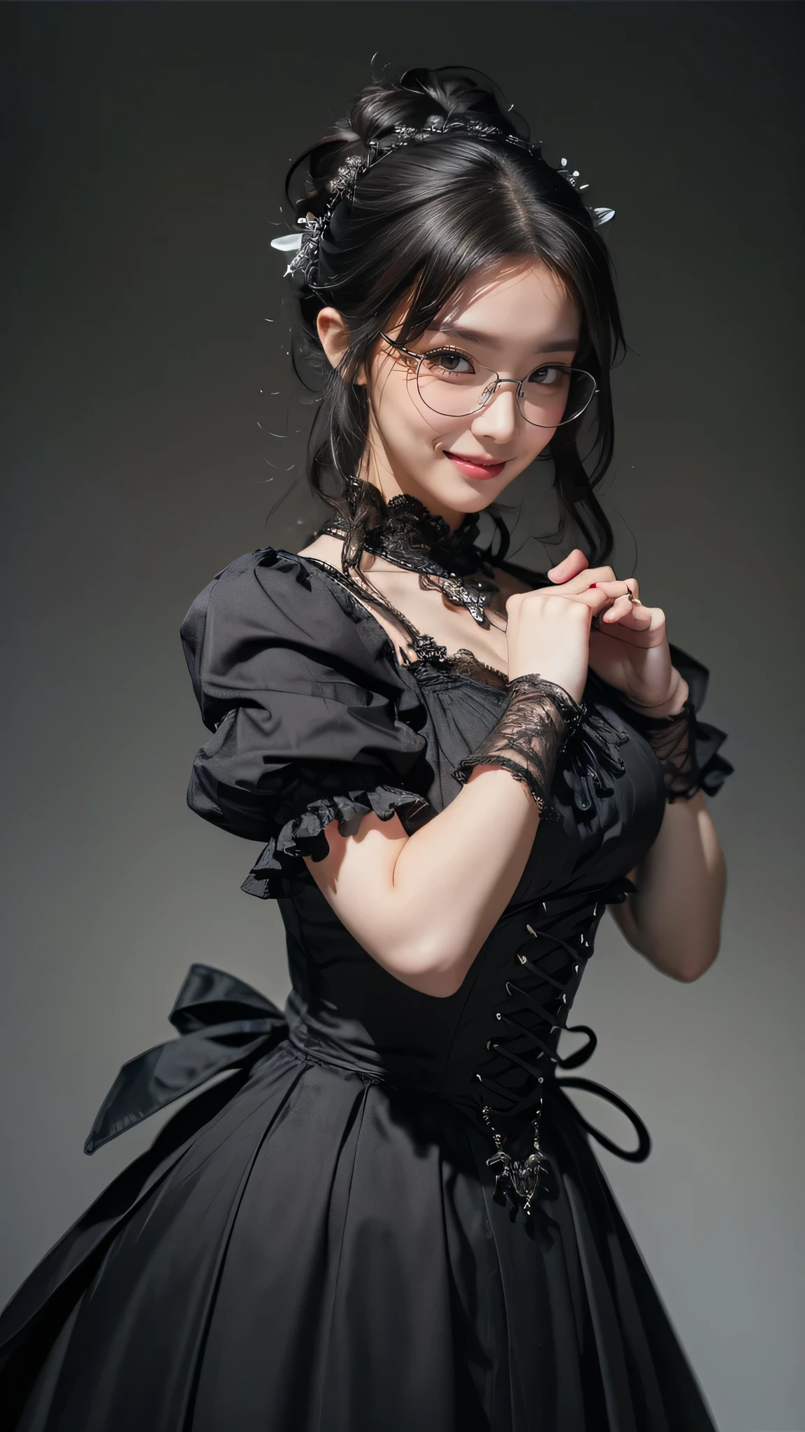 (random pose:1.2),gothic ta dress,(random pose),(random hairstyle),(Highest image quality,(8K), Ultra-realistic, Best Quality, High quality, High Definition, high quality texture, high detailing, Beautiful detailed, fine detailed, extremely details CG, Detailed texture, realistic representation of face, masterpiece, presence),(wearing glasses:1.1)