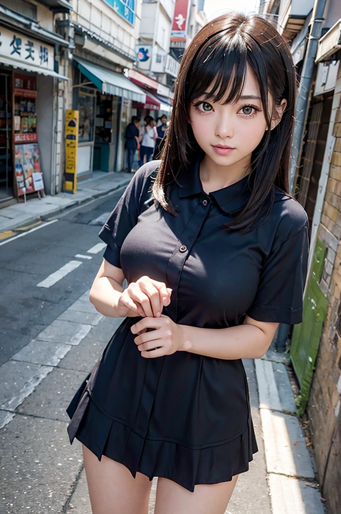 In 8K,highest quality,The real picture,Intricate details,超A high resolution,Depth Field,Masseter muscle area,Natural soft light,Professional Lighting,One Girl,(cute:1.2),Very beautiful 17 year old manga girl,Ultra realistic anime, Photorealistic anime girl rendering, cute , Enchanting anime girl, Realistic young gravure idol, Realistic Anime 3D Style,Detailed eyes,((Brown eyes)),(Black Hair),(Bans),Dynamic Pose、Portrait、Japanese、Laughter、Lips、(Huge boobs)、(Alley:1.2)、Look at the viewers、Natural soft light、Whole Body Ezbian、alone、 student、University、uniform、((Short sleeve dress shirt))、The chest of the dress shirt is about to burst、Bobby Socks、Dark blue pleated skirt、Daytime、on the road、