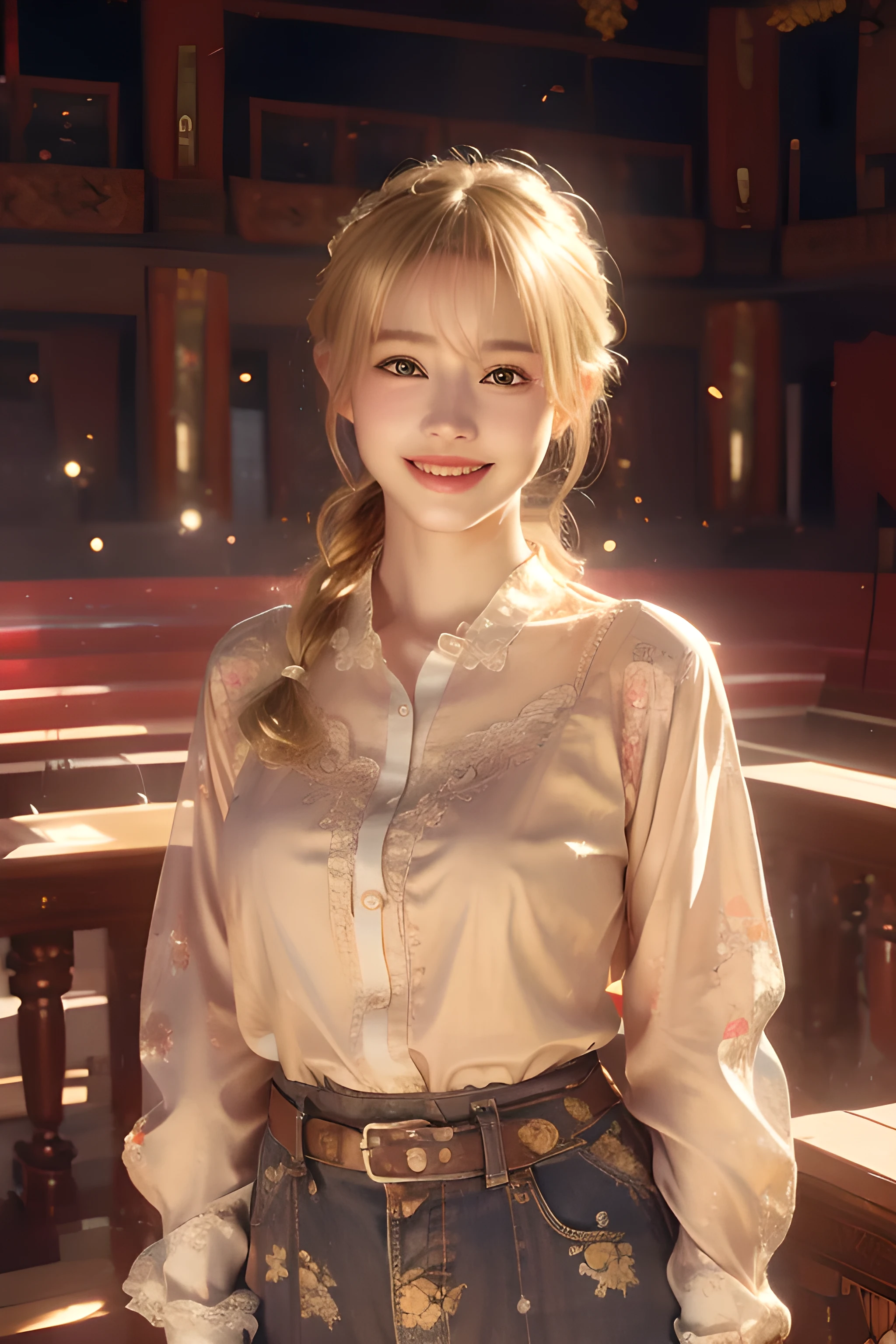 (Realistic:1.4), She smiles, Blonde, (Realistic, photo-Realistic:1.37), 8k, masterpiece, Ultra-high resolution, Spectacular and inspiring cinema lighting, shirt