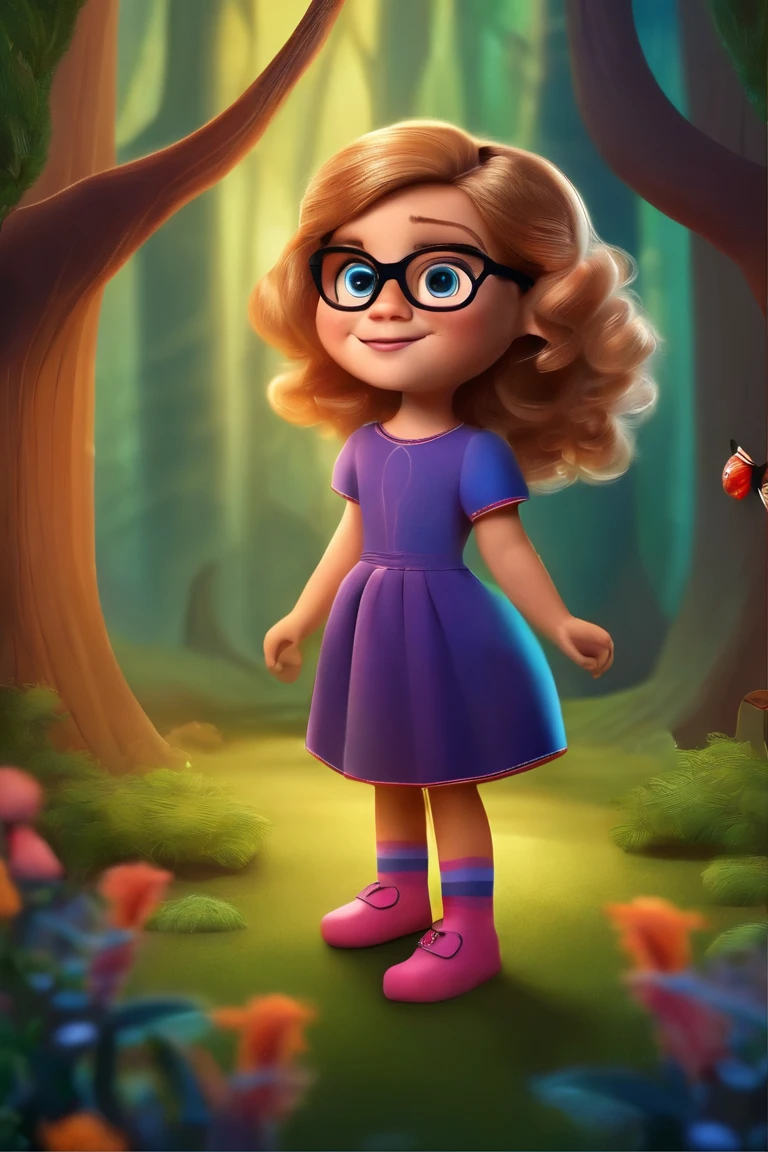 create a 6 year old girl, with glasses, dark blonde hair, a flowing dress, and colorful socks telling stories, cartoon style, in an enchanted forest, Pixar
