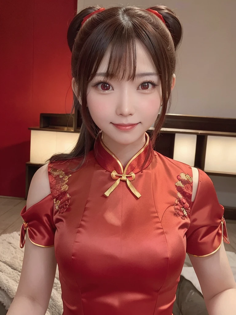 Red dress,Chinese clothing,china dress,brown hair, hair over shoulder, ponytail, grin, blush, Surrealism, Hyperrealism, Verism, wide shot, UHD, masterpiece, ccurate, anatomically correct, textured skin, super detail, high details, high quality, highres, 1080P, HD, 8k