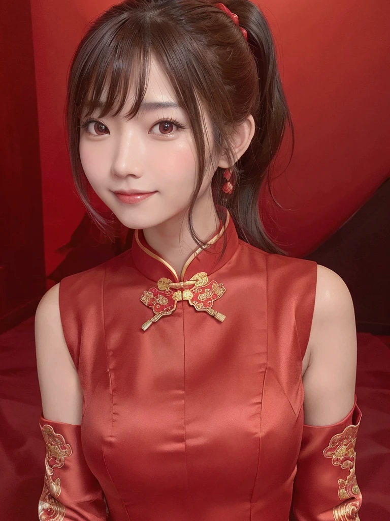 Red dress,Chinese clothing,china dress,brown hair, hair over shoulder, ponytail, grin, blush, Surrealism, Hyperrealism, Verism, wide shot, UHD, masterpiece, ccurate, anatomically correct, textured skin, super detail, high details, high quality, highres, 1080P, HD, 8k