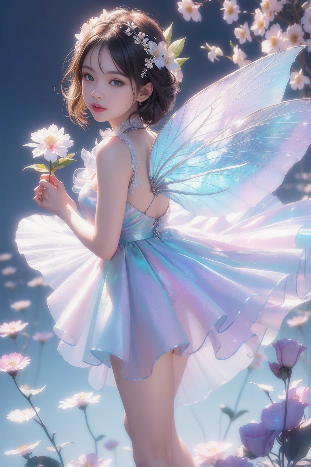(((girl)),Long skirt,Iridescent colors,(Flower Fairy),(Rich colors),spring,Arthur effect, Transparent body, Gradient translucent glass melt, Caustics, Clear glass texture, Iridescent colors, design:Dietrams, Simple, Shining in every detail, White background, 工業design, Studio Lighting, c4d, OC Renderer, Beautiful shadows, 4K