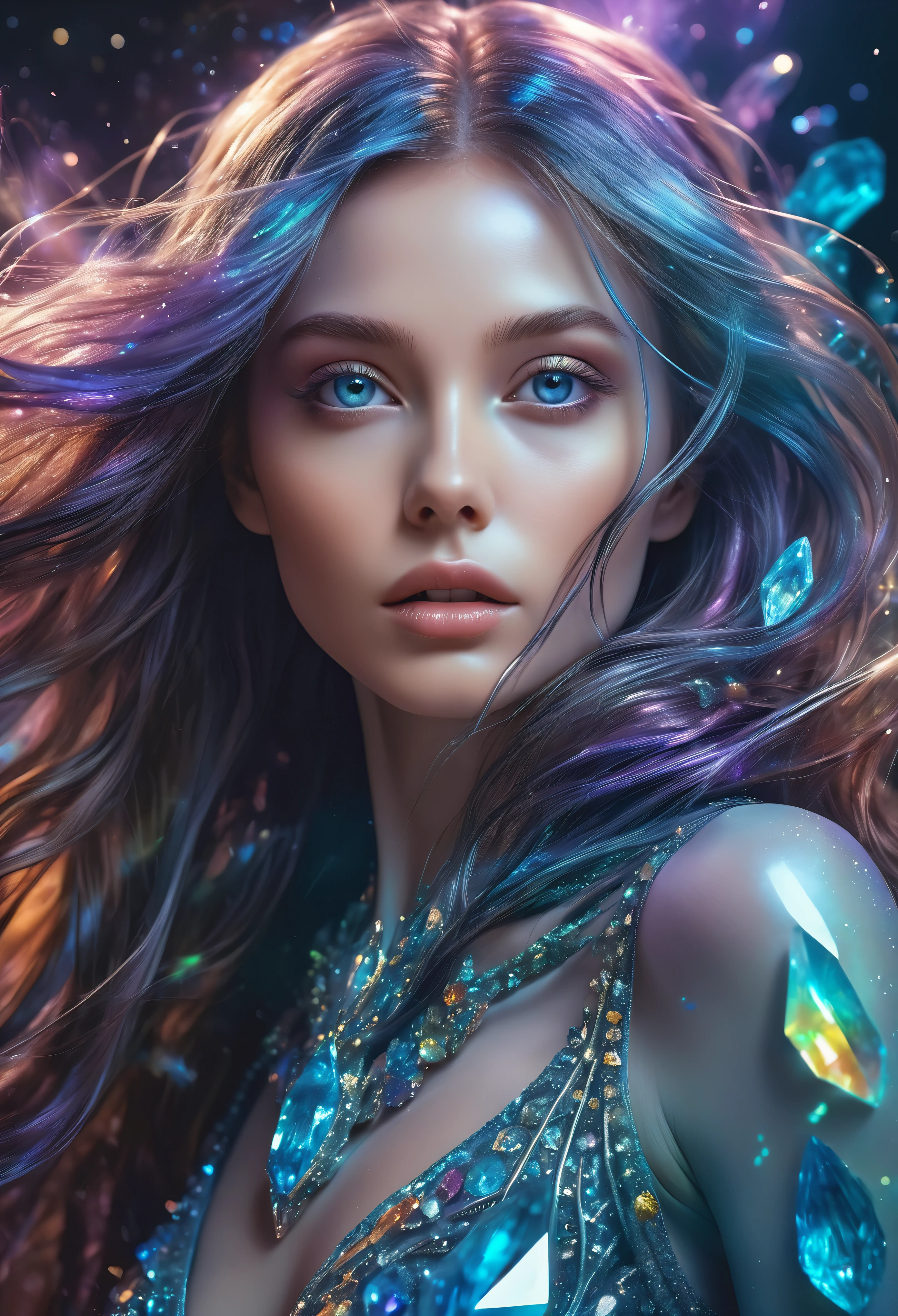 An alien girl whose body is made of minerals, Diamante, topaz, (melhor qualidade, high resolution, ultra-detalhado), Retratos, cores vivas, studio lighting, realista, cabelos longos flutuando ao vento, olhos brilhantes, beleza sobrenatural, atmosfera surreal