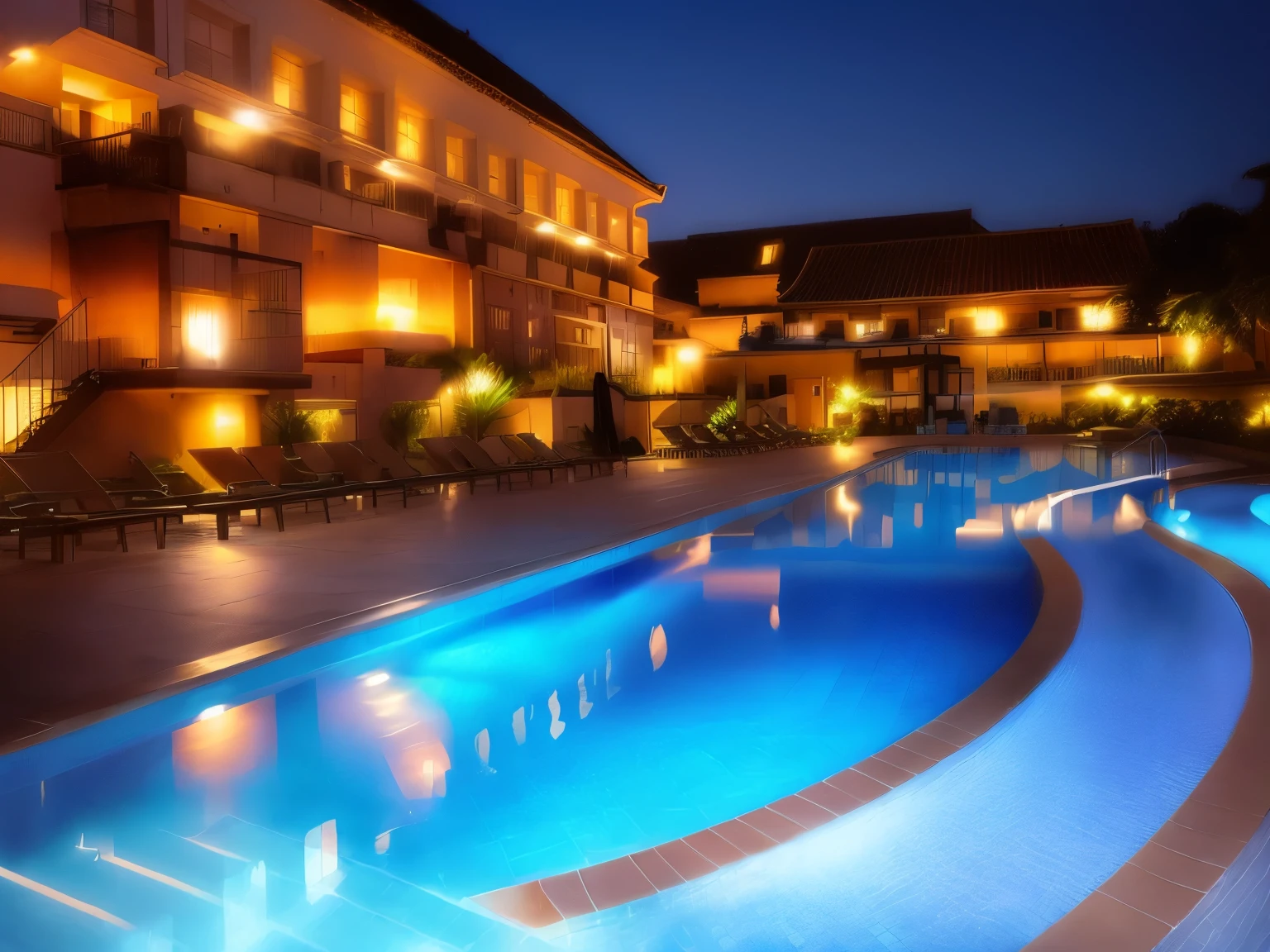 Hotel at night with swimming pool