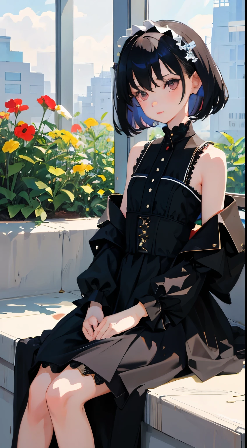 (Short cute girl,Small young student,Young delicate girl),(masterpiece,Top quality),Black Hair,Sleepy expression,Black ta Clothing,race,mini skirt,garden