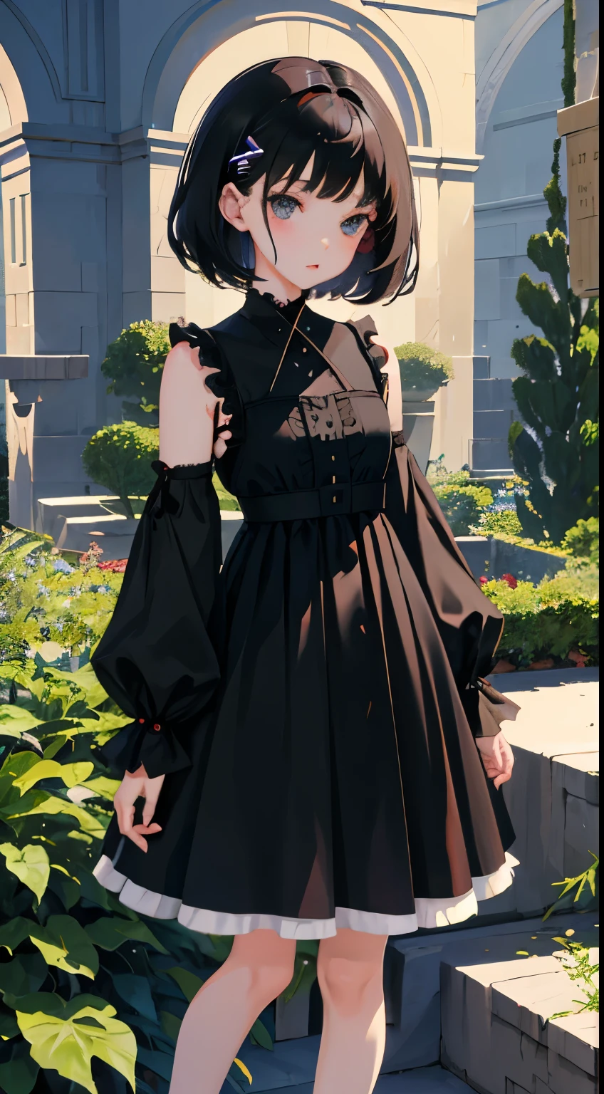 (Short cute girl,Small young student,Young delicate girl),(masterpiece,Top quality),Black Hair,Sleepy expression,Black Lolita Clothing,race,mini skirt,garden