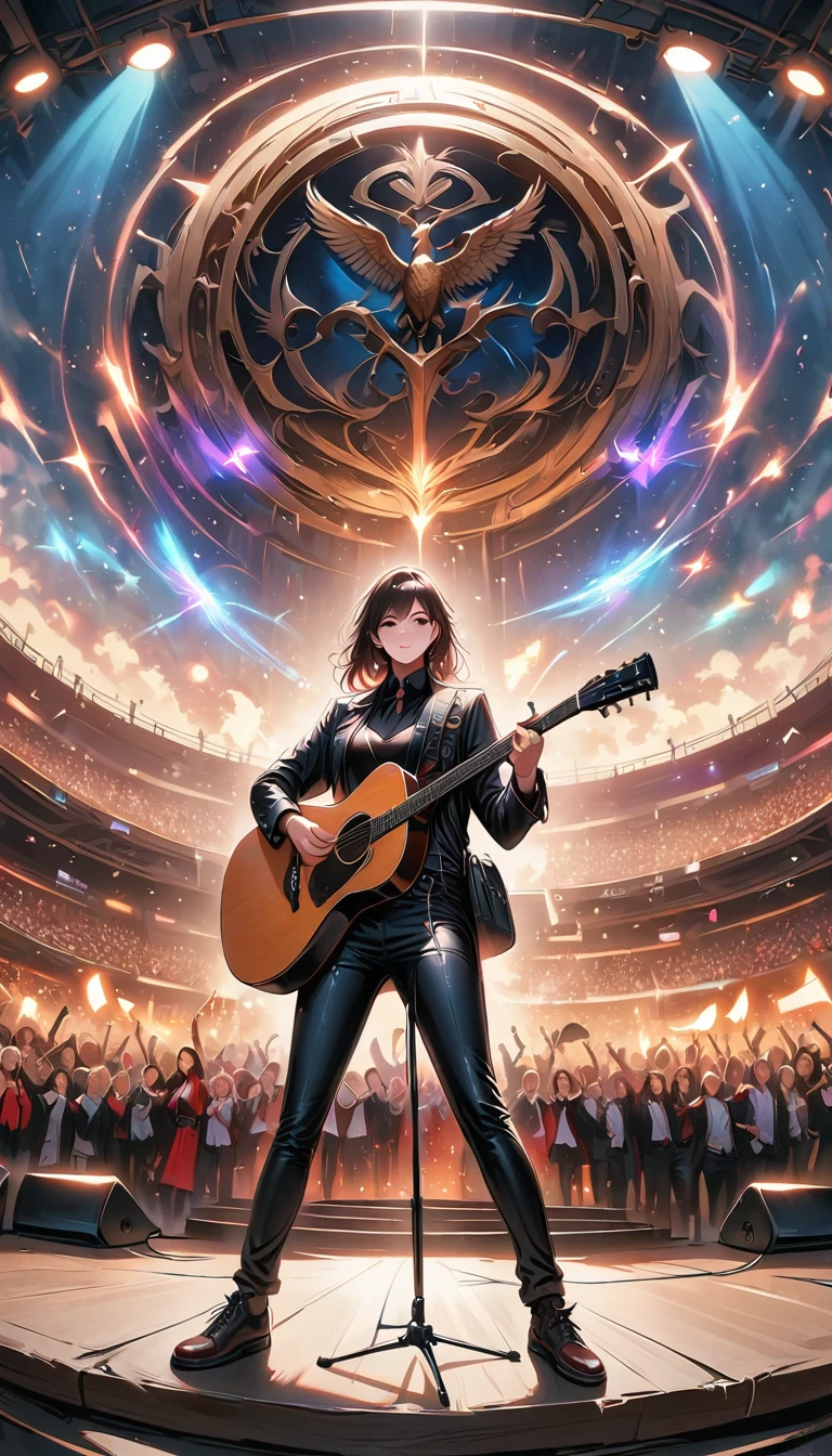 (best quality,4K,8K,High resolution,Meisterwerk:1.2),Super detailliert,(actually,photoactually,photo-actually:1.37),Rockstar,singer,Gitarre,Uniform,Schwarz,eng,goldene Akzente,Weltraumspaziergang,hysterisches Singen,Stage lighting,rebellisch,Glitch-Kunst,helle Farben,energetische Leistung,Electric atmosphere,laute Musik,kreischende Fans,Riesige Lautsprecher,Feurige Explosion,Dynamische Posen,Rauch- und Nebeleffekte,ausdrucksstarkes Gesicht,rotierende Lichter,Blitz,dunkler Hintergrund,kantiger Stil,wildes Haar,Microphone stand,Gitarre sound distortion,Rockmusik,celebrity,Electric Gitarre Solo,huge concert stage,strut on stage,Herablassend,emotional intensity,Lauter und schwerer Trommelschlag,elektrische Energie,Stage fireworks,Kraftvolle Gesangsleistung,das Stadion ist voll,Tausende von Fans,Roaring crowd,Blitz,Electric atmosphere,sweaty and energetische Leistung,legendary figures,Acting skills,stehende Ovationen