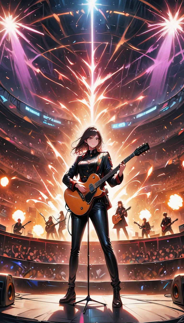 (best quality,4K,8K,High resolution,Meisterwerk:1.2),Super detailliert,(actually,photoactually,photo-actually:1.37),Rockstar,singer,Gitarre,Uniform,,eng,goldene Akzente,Weltraumspaziergang,hysterisches Singen,Stage lighting,rebellisch,Glitch-Kunst,helle Farben,energetische Leistung,Electric atmosphere,laute Musik,kreischende Fans,Riesige Lautsprecher,Feurige Explosion,Dynamische Posen,Rauch- und Nebeleffekte,ausdrucksstarkes Gesicht,rotierende Lichter,Blitz,dunkler Hintergrund,kantiger Stil,wildes Haar,Microphone stand,Gitarre sound distortion,Rockmusik,celebrity,Electric Gitarre Solo,huge concert stage,strut on stage,Herablassend,emotional intensity,Lauter und schwerer Trommelschlag,elektrische Energie,Stage fireworks,Kraftvolle Gesangsleistung,das Stadion ist voll,Tausende von Fans,Roaring crowd,Blitz,Electric atmosphere,sweaty and energetische Leistung,legendary figures,Acting skills,stehende Ovationen