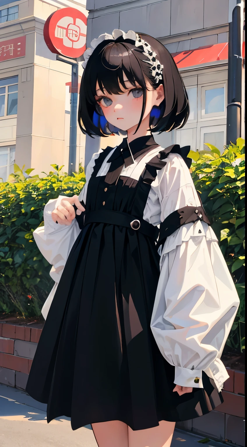 (Short cute girl，Small young student，Young delicate girl）,（masterpiece，Top quality)，Black Hair，Sleepy expression，Black Lolita Clothing，race，mini skirt，garden