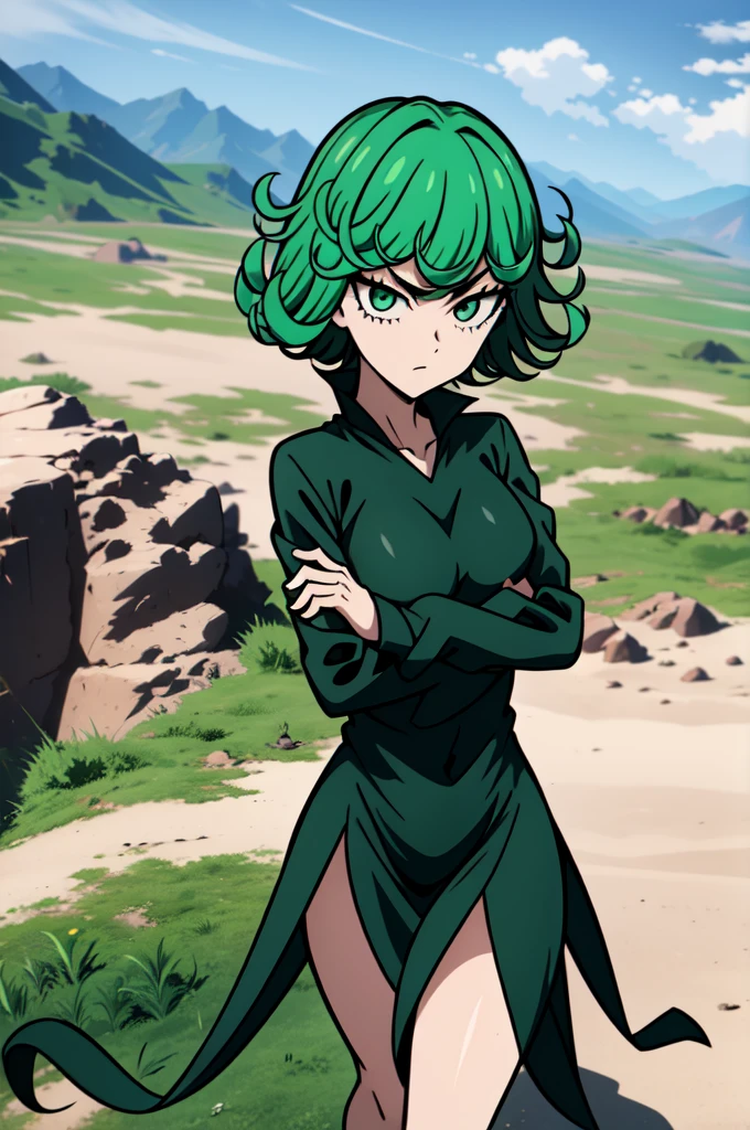 absurdres, highres, ultra detailed, tatsumakitornado, short green hair, curly hair, black dress, long sleeves, outdoors, flying, crossed arms, from below, looking away, green eyes ,full body ,looking at viewer,