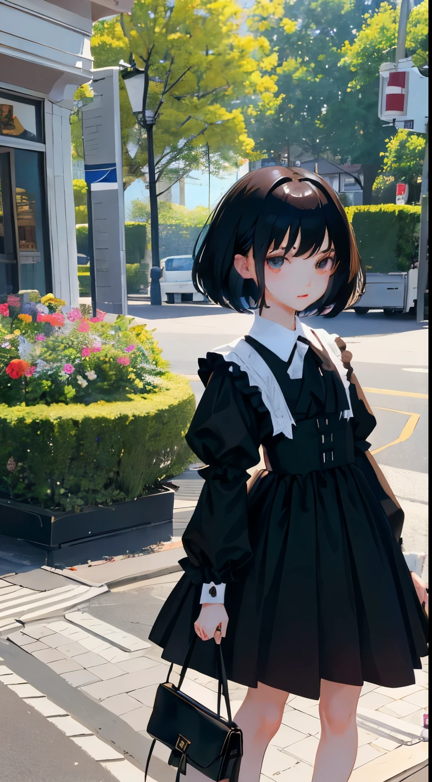 (Short cute girl,Small young student,Young delicate girl),(masterpiece,Top quality),Black Hair,Sleepy expression,Black Lolita Clothing,race,mini skirt,garden