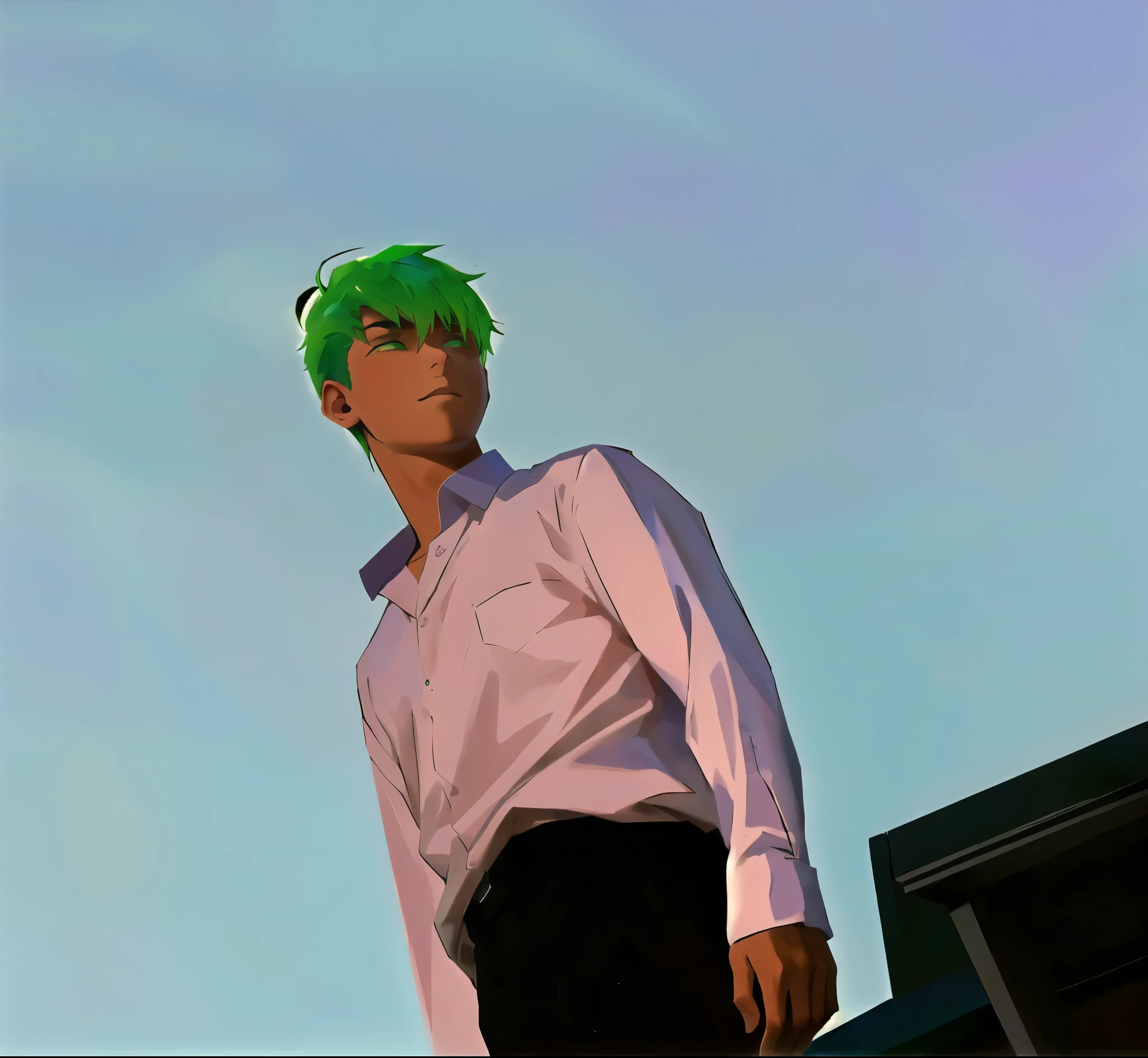 a  boy with green hair feels stress, shame, fear 