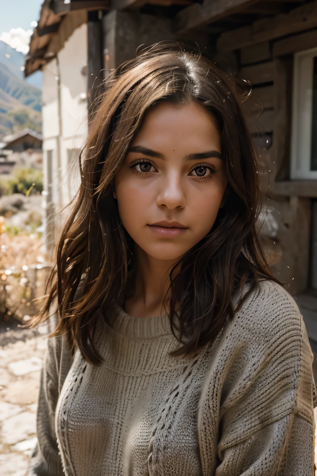 Fotografia de uma linda garota, Wear a fall sweater, cabelo comprido de um lado, grande , Look to the camera, symmetrical eyes, symmetrical face, fotorrealista, fotografia, in front of the high mountain, specular lighting, volumetric face light, Caminho do cabelo, visible shadows, complexo, Elaborar