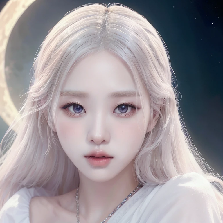 ((4k, mejor calidad))Close up of a korean woman in a white dress sitting on the moon,The background is a star, ethereal fantasy, ethereal beauty, ethereal fairytale, Fantasy art style, Fantasy Beauty, Beautiful Celestial Mage, Celestial Fairy, Beautiful fantasy art, white hair and blue eyes, white long hair, queen of the Moon, Very magical and dreamy, Moon Goddess, fairy aesthetics, ethereal and dreamy, ethereal!!!, fantasy aesthetics, xianxia fantasy, Moon Goddess, momzzang, maquillaje popular de Corea del Sur