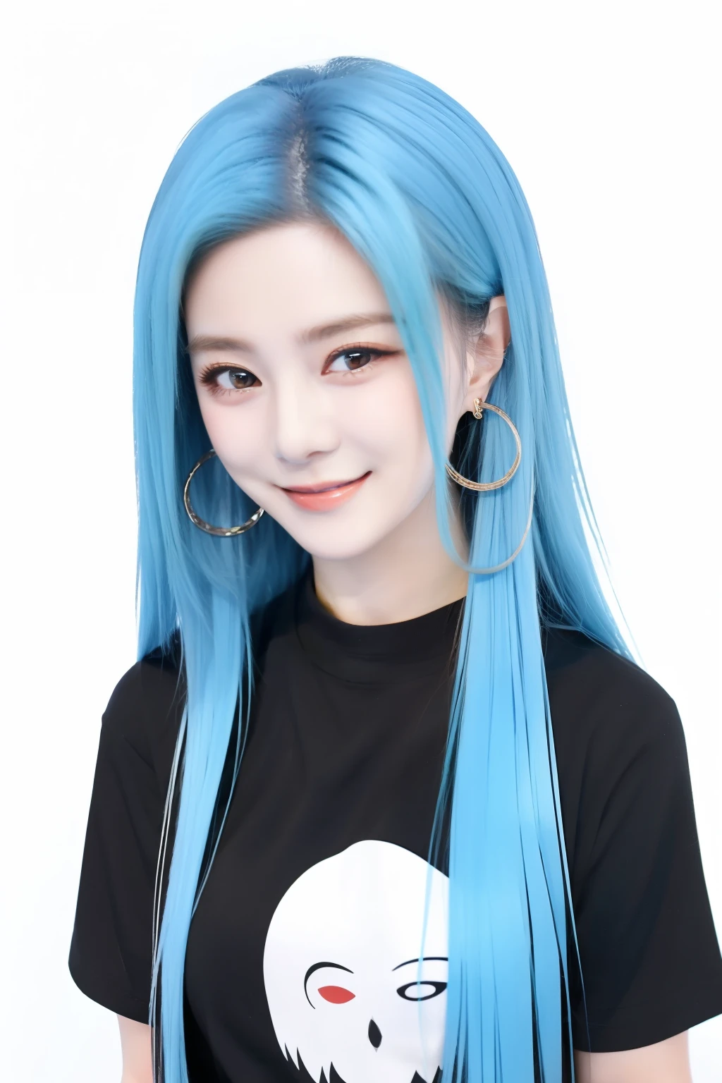1 cute girl,colorful hair,straight_hair,long hair,hair wings,hoop_earrings,blue eyes,black short sleeve T-shirts,solid color background, cold expression, simple background, minimalist, evil smile, facing the camera, looking at the audience