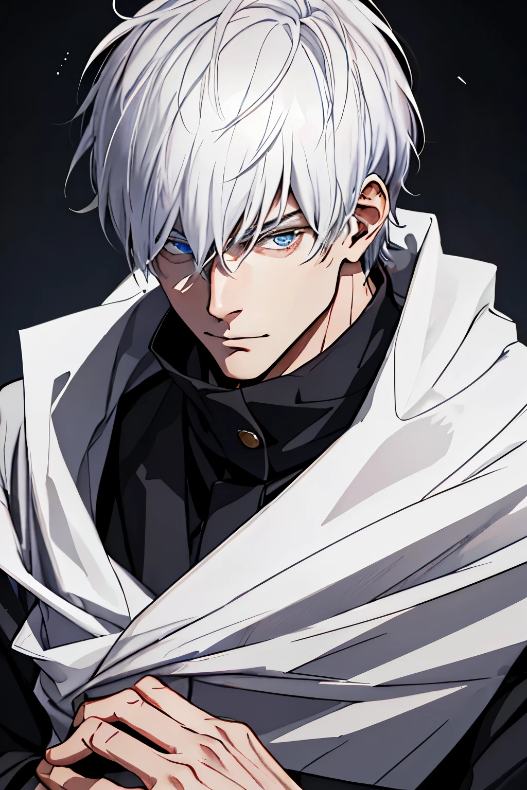 A tall man with white hair, clad in a mysterious attire, dons a band over his eyes, concealing his identity. Exquisite facial features, wrinkled from age yet still holding an air of grandeur, are accentuated by the band's shadows. He stands with a commanding presence, invoking a sense of intrigue and power. This masterpiece, with a top-quality resolution and ultra-realistic 8K CG, captures the detail-rich, three-dimensional facial features of this enigmatic figure. Cold, yet naturally beautiful, his piercing gaze from under the band adds to the overall dramatic effect, making it an award-winning work of art. (band of