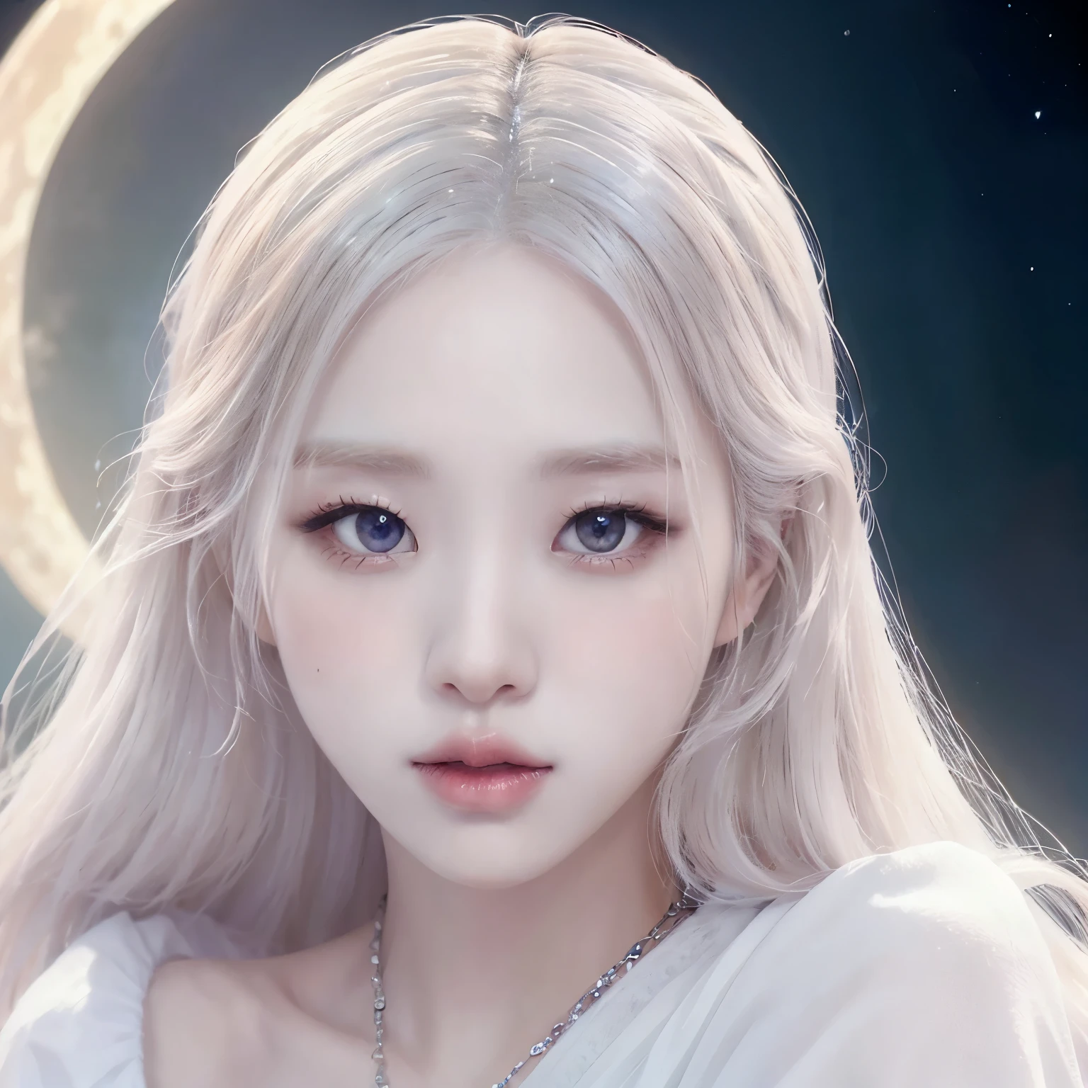 ((4k, mejor calidad))Close up of a korean woman in a white dress sitting on the moon,The background is a star, ethereal fantasy, ethereal beauty, ethereal fairytale, Fantasy art style, Fantasy Beauty, Beautiful Celestial Mage, Celestial Fairy, Beautiful fantasy art, white hair and blue eyes, white long hair, queen of the Moon, Very magical and dreamy, Moon Goddess, fairy aesthetics, ethereal and dreamy, ethereal!!!, fantasy aesthetics, xianxia fantasy, Moon Goddess, momzzang, maquillaje popular de Corea del Sur