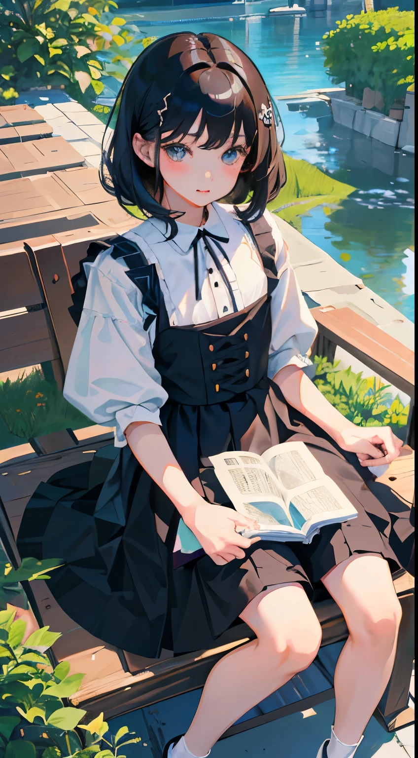 highest quality,cute,(背の低いcute女の子,Small young student,Young delicate girl),(masterpiece,Top quality),Black Hair,Sleepy expression,Black Lolita Clothing,race,mini skirt,garden