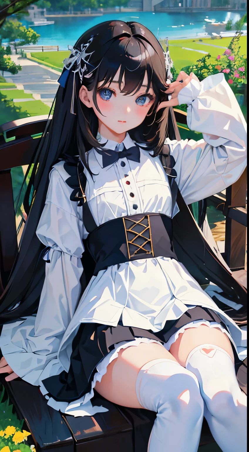 highest quality,cute,(背の低いcute女の子,Small young student,Young delicate girl),(masterpiece,Top quality),Black Hair,Sleepy expression,Black Lolita Clothing,race,mini skirt,garden