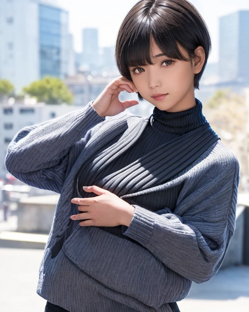 pureerosface_v1, best quality, photorealistic, 8k, high res, full color, 1girl, woman, 20 years old woman, (skindentation), (portrait:0.6), ((cityscapebackground:1.62)), full color, ((smallsize round breast, highneck sweater:1.65)), closed mouth, straight-looking at viewer:1.8, (1girl eyes looking at viewer:1.55), (short-length hair, blackhair, partedbangs:1.45), (bokeh),