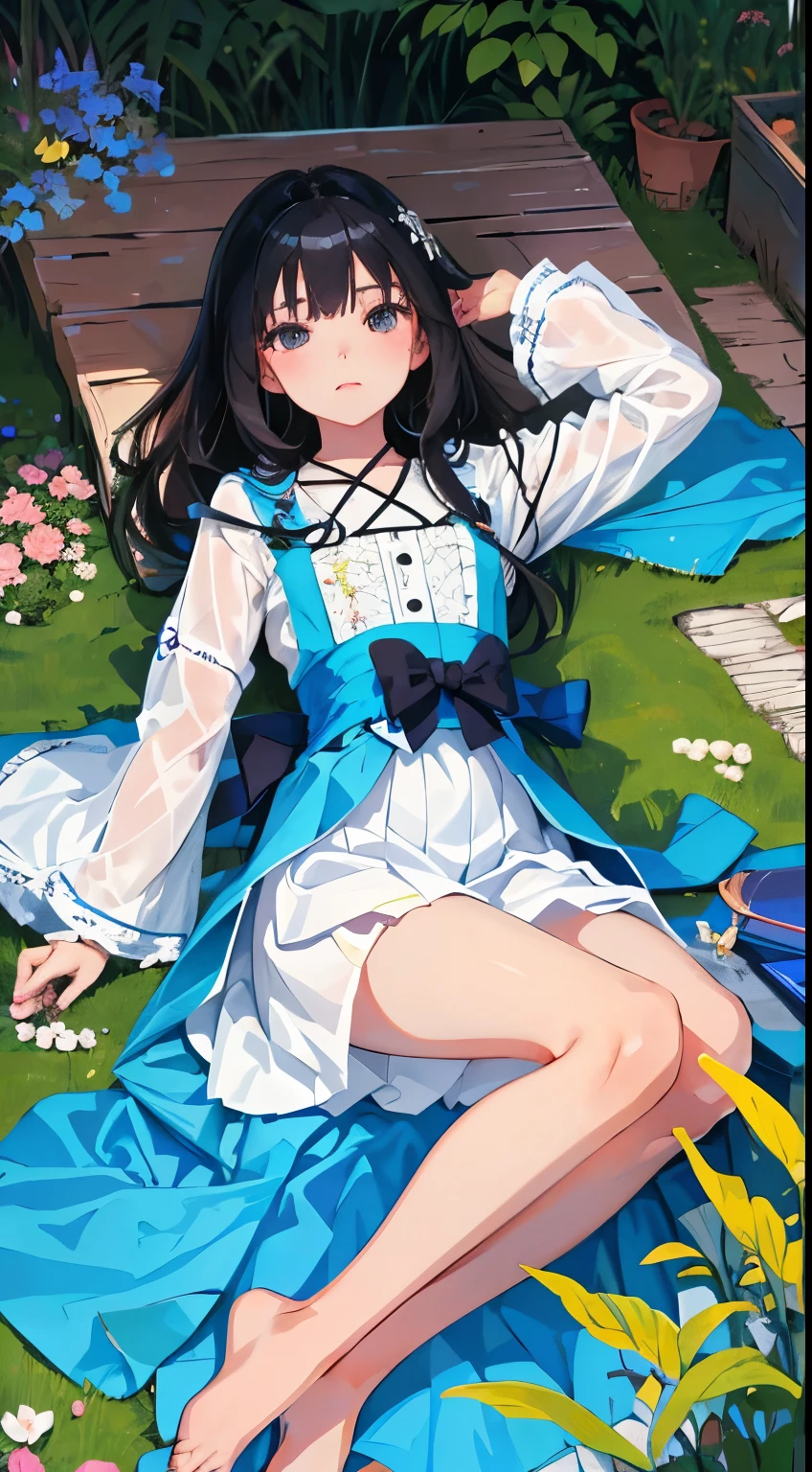 highest quality,Beautiful face in every detail,cute,(背の低いcute女の子,Small young student,Young delicate girl),(masterpiece,Top quality),Black Hair,Sleepy expression,Black Lolita Clothing,race,mini skirt,garden