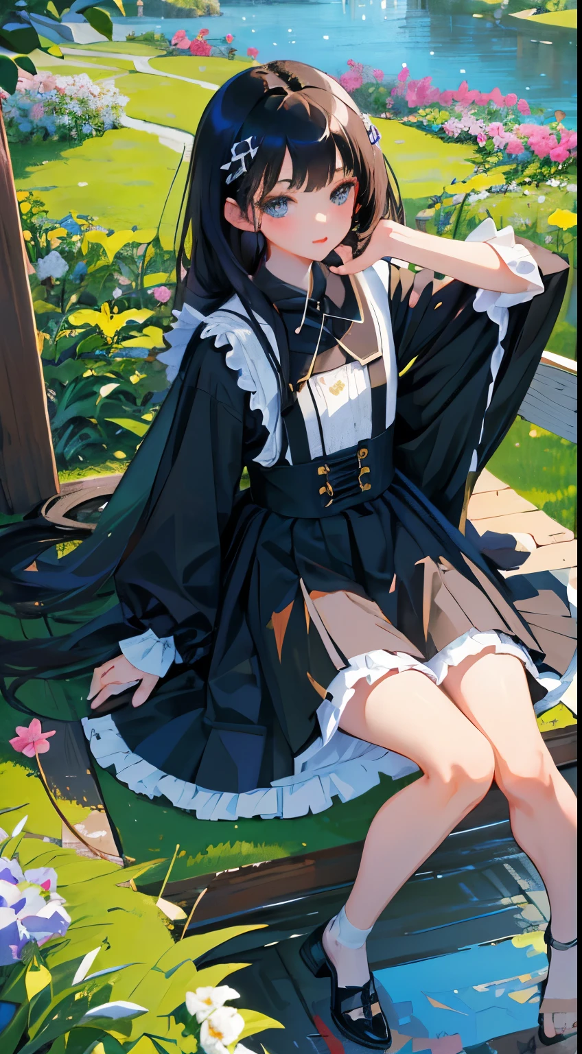 highest quality,Beautiful face in every detail,cute,(背の低いcute女の子,Small young student,Young delicate girl),(masterpiece,Top quality),Black Hair,Sleepy expression,Black ta Clothing,race,mini skirt,garden