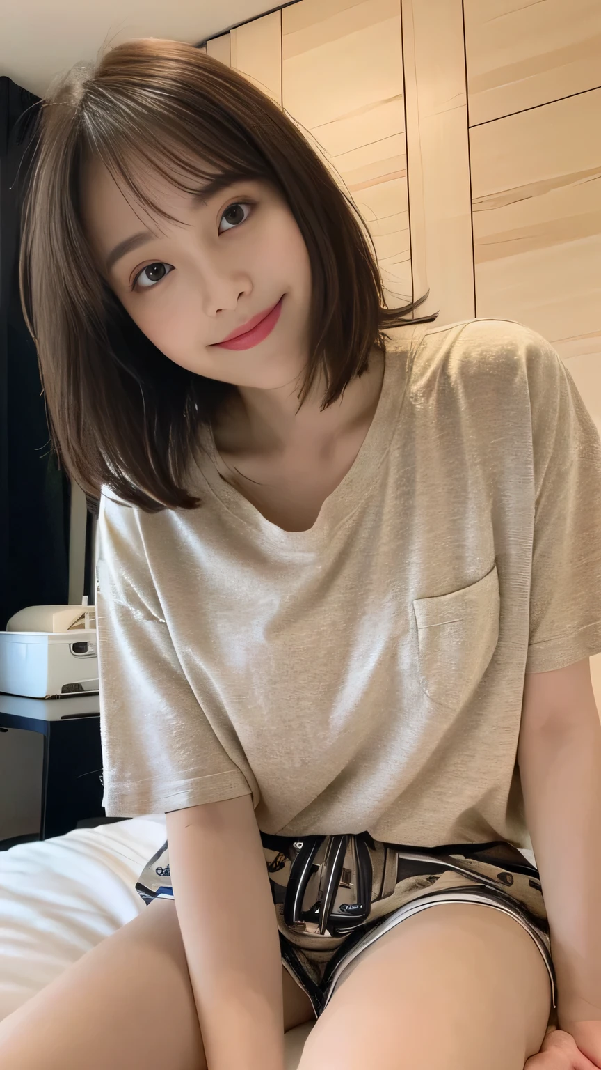 ((highest quality, 8K, masterpiece:1.3)), concentrated:1.2, Perfect body beauty:1.4, Hips:1.2, ((Delicate Hair)), (Colorful summer wear、Short sleeve、Shorts set、pajamas、 :1.1) , ((highest quality、8K、masterpiece:1.3))、1 Girl、A sloppy smile、Esbian all over、Slim face、Big 、Beautiful woman、(Dark Brown Hair)、、1.1、Flickering Valley、Detailed eyes、double eyelid、Blurred Background、超Slim face、Looking down、Bedroom、