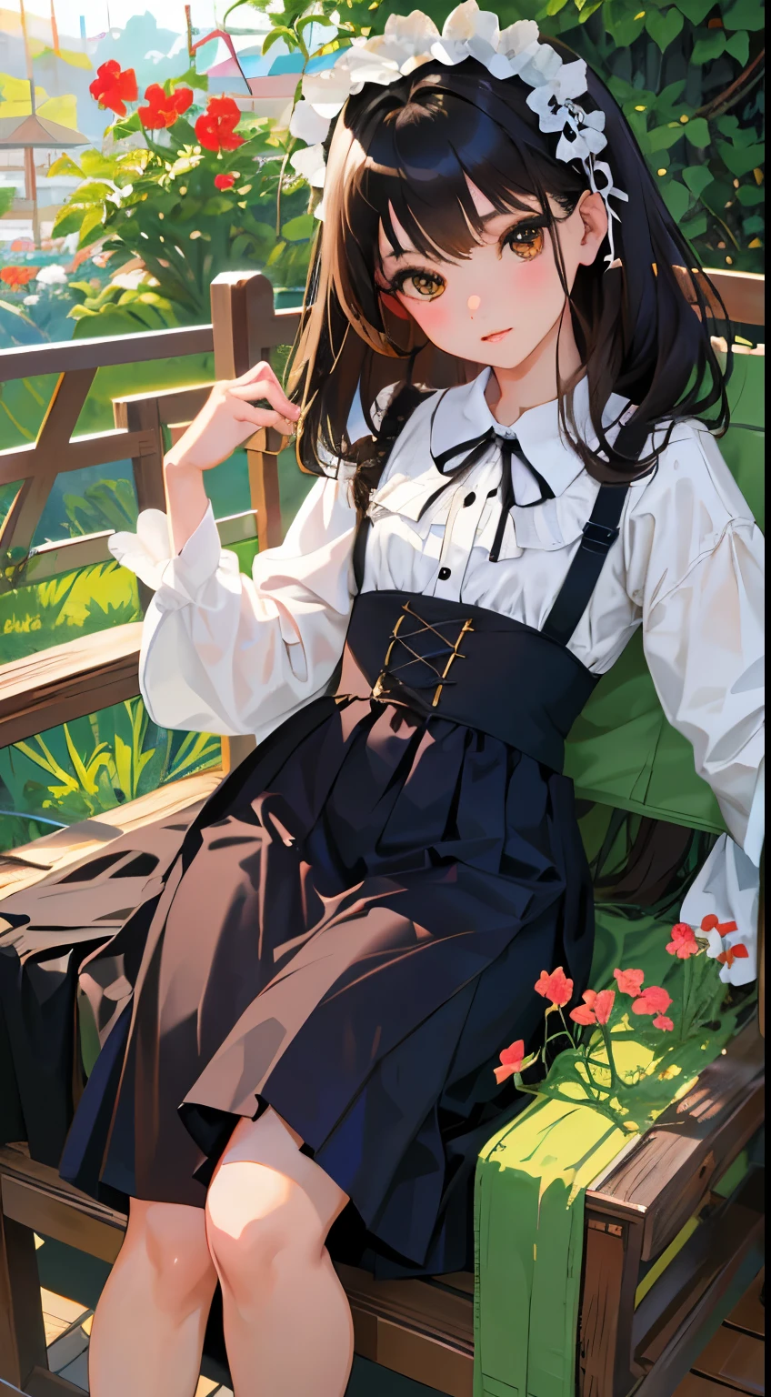 highest quality,Beautiful face in every detail,cute,Brown Eyes,(背の低いcute女の子,Small young student,Young delicate girl),(masterpiece,Top quality),Black Hair,Sleepy expression,Black ta Clothing,race,mini skirt,garden