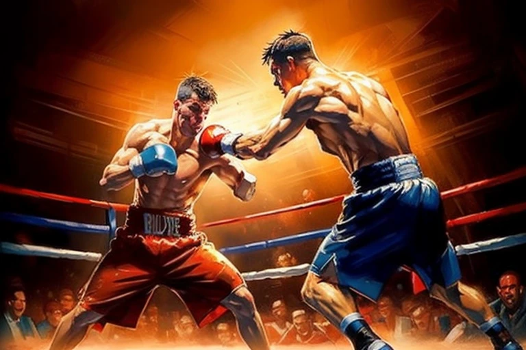 Boxing Match, uppercut, dynamic, Amazing, Volumetric Lighting, backlighting, low angle shot, (Highly detailed), (high resolution), (Best quality), (masterpiece)