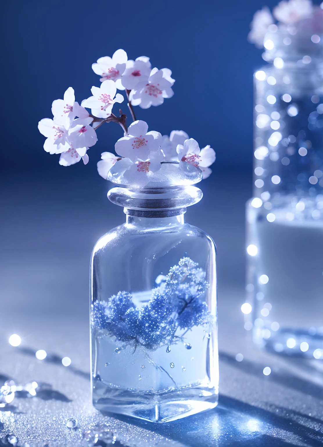 masterpiece, reality.Photorealistic, High Quality Design, perfume bottle, jewelry, Water Drop, Flowers, Cherry Blossom, snow, 8K quality, Fantasy, beautiful, Moonlight,