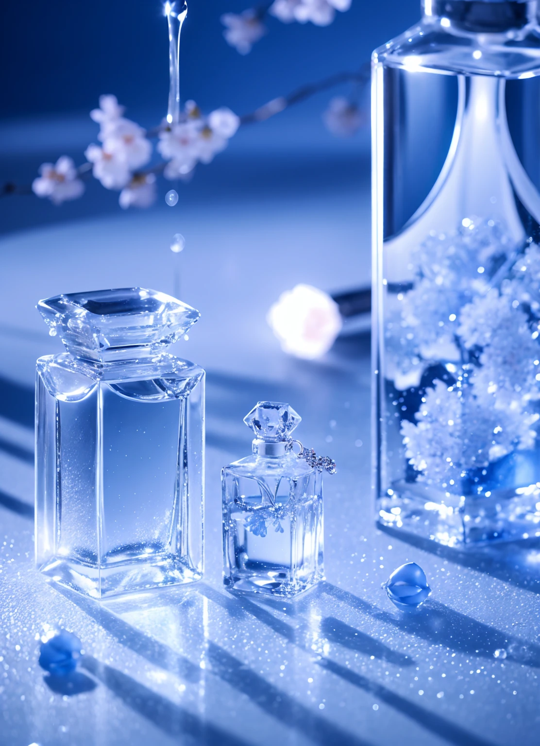 masterpiece, reality.Photorealistic, High Quality Design, perfume bottle, jewelry, Water Drop, Flowers, Cherry Blossom, snow, 8K quality, Fantasy, beautiful, Moonlight, 