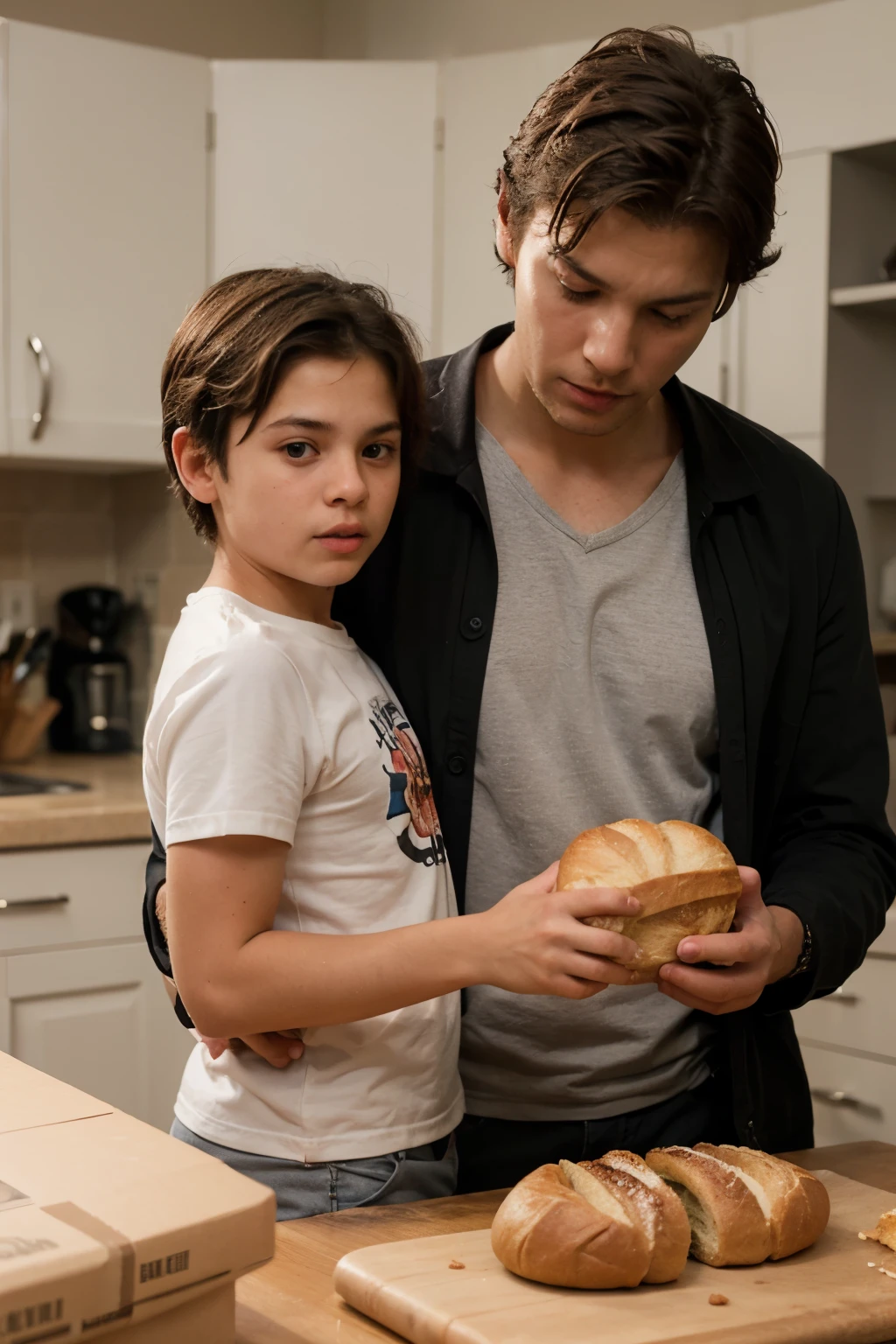 creates a hyper-realistic 3D image of a man giving his son a loaf of bread