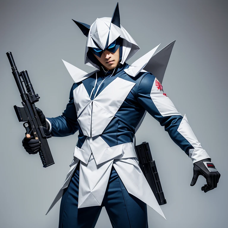 Origami paper suit, gun, origami, colored, design.Origami suit costume holding a gun colored simple paper suite cosplay
