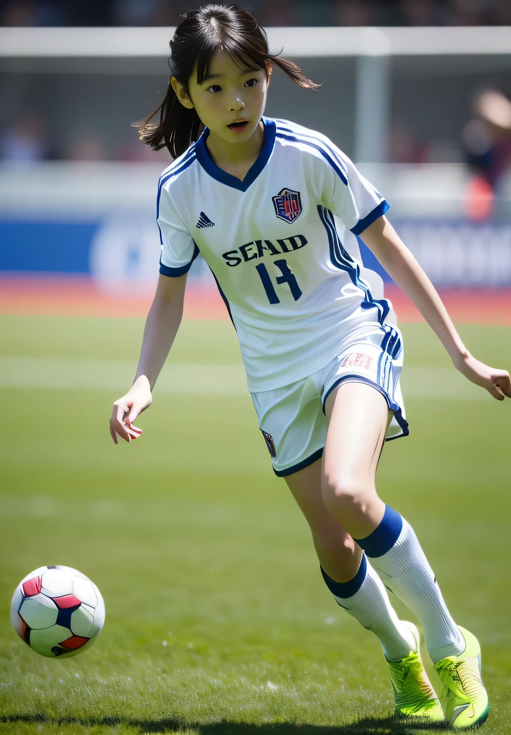 masterpiece，bestquality,very beautiful 12 year old girl,(realistic:1.5),bob cut,Soccer Representation from Japan uniform,Soccer game,detailed eyes and face,8k high quality,so beautiful, thin thighs,ultrahighres,highly detail eyes, highly detailed face, ，incredibly beautiful，DSLR,Soccer field,Representation from Japan,(During a football match),(((Dribbling)),((Dribble up the field)),Uplifting,Speed,