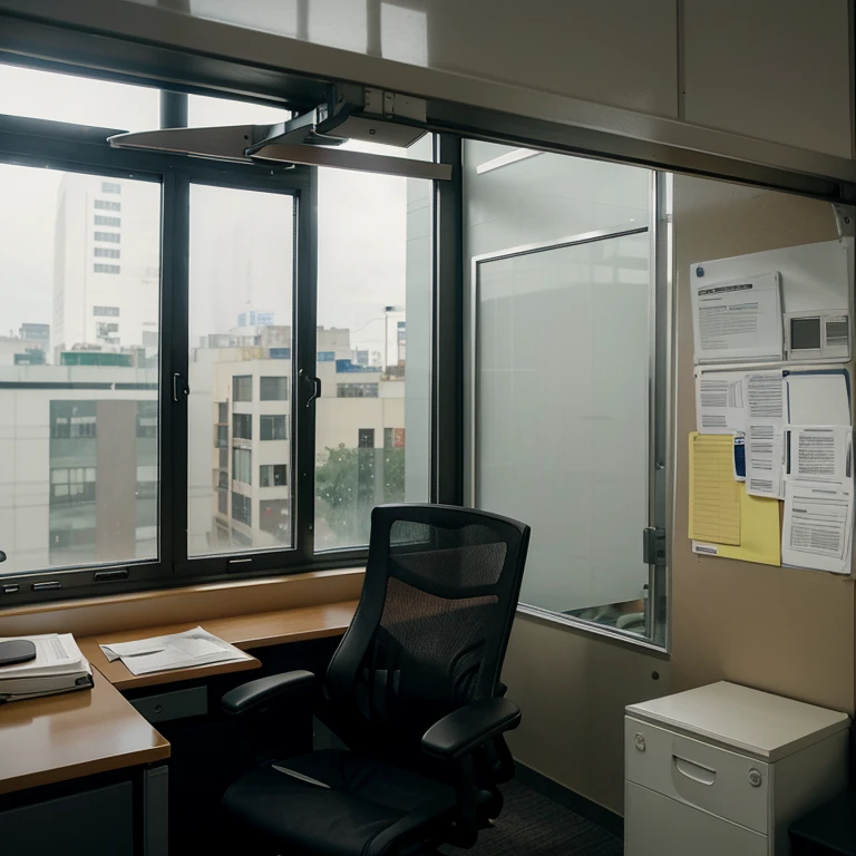 A empty office space, filled with legal paperwork, a window in the back of it, the chair is pointed at the window while it rains, a prosecutor's overall on top of a hanger, a computer on the desk.