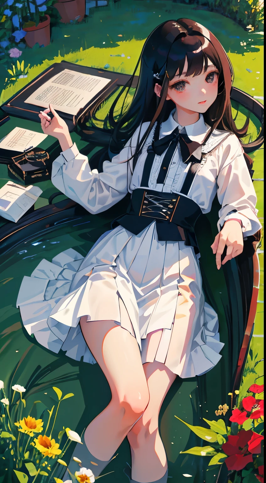 highest quality,Beautiful face in every detail,cute,Dark brown eyes,(背の低いcute女の子,Small young student,Young delicate girl),(masterpiece,Top quality),Black Hair,Sleepy expression,Black Lolita Clothing,race,mini skirt,garden