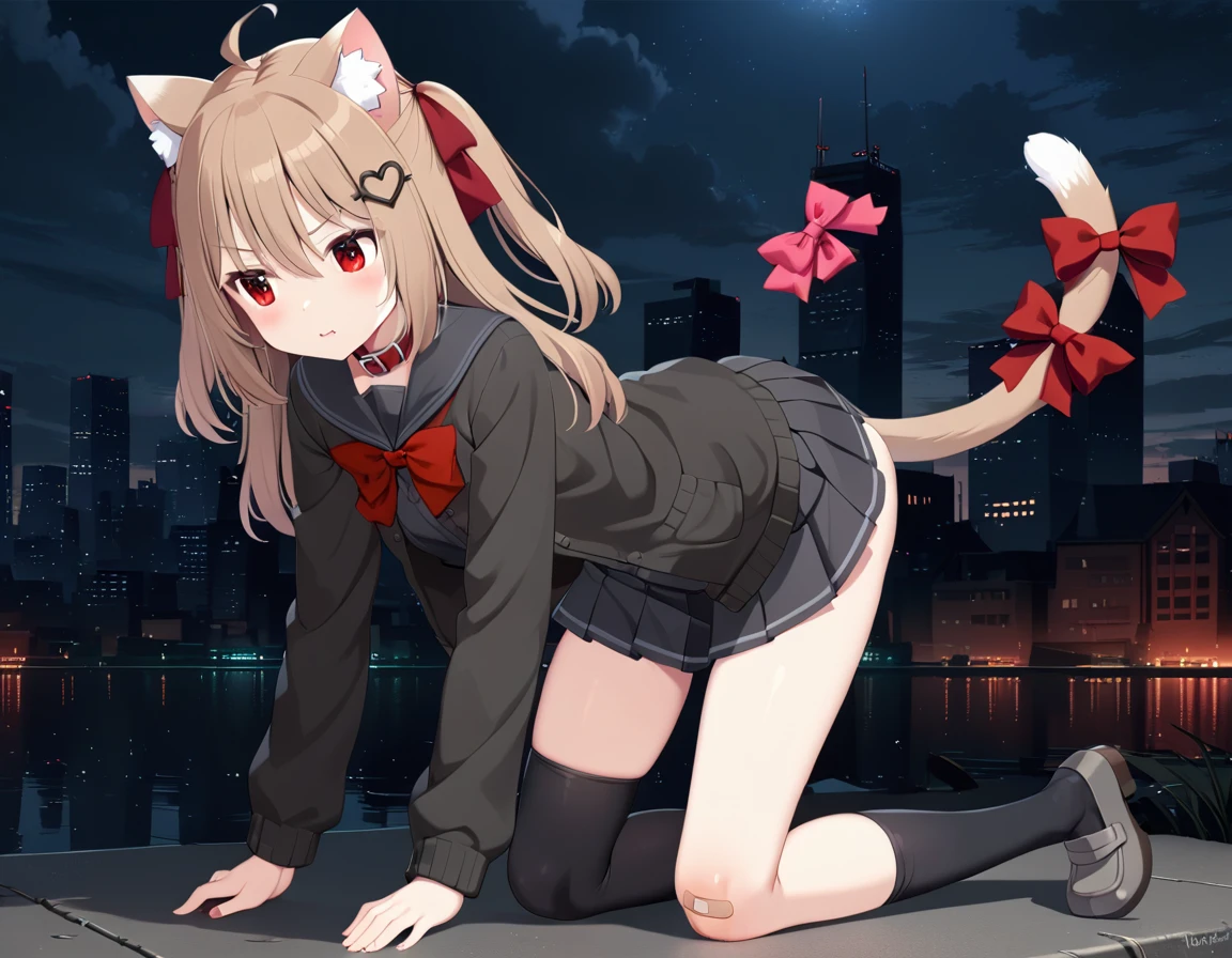 1girl, evil neuro-sama, (yuzu modoki), red eyes, hair ribbon, two side up, ahoge, heart hair ornament, light brown hair, asymmetrical legwear, black thighhighs, black kneehighs, grey footwear, loafers, natural lighting, (masterpiece, best quality), night, skyline, detailed scenery, highly detailed, finely detailed, animal collar, cat ears, cat tail, tail bow, squatting, spread legs, wet, steam, open clothes, back, back focus, from behind, swimsuit,