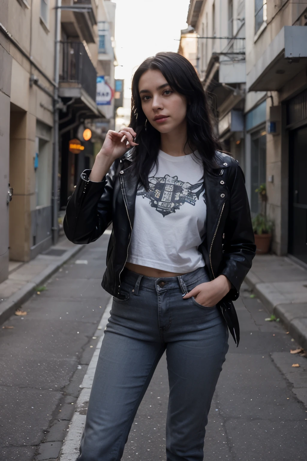 Black and white hair,robotic blue eyes,Black leather jacket,pockets, white worn t-shirt,robotic left arm with scratches, long black and white hair,warrior look, pixelated,brown high boots,black jeans, cyberpunk,realistic, hyper-maximal, highly detailed, intricate, high resolution, full body, lens, ultra wide angle, depth of field, hyper detail, beautiful color coding, insane details, intricate details, beautiful color grading, flutters,Cel Shading, Tone Mapping, CGI, VFX, SFX, elegant, super-detailed,background pixelated alley --v 4 -