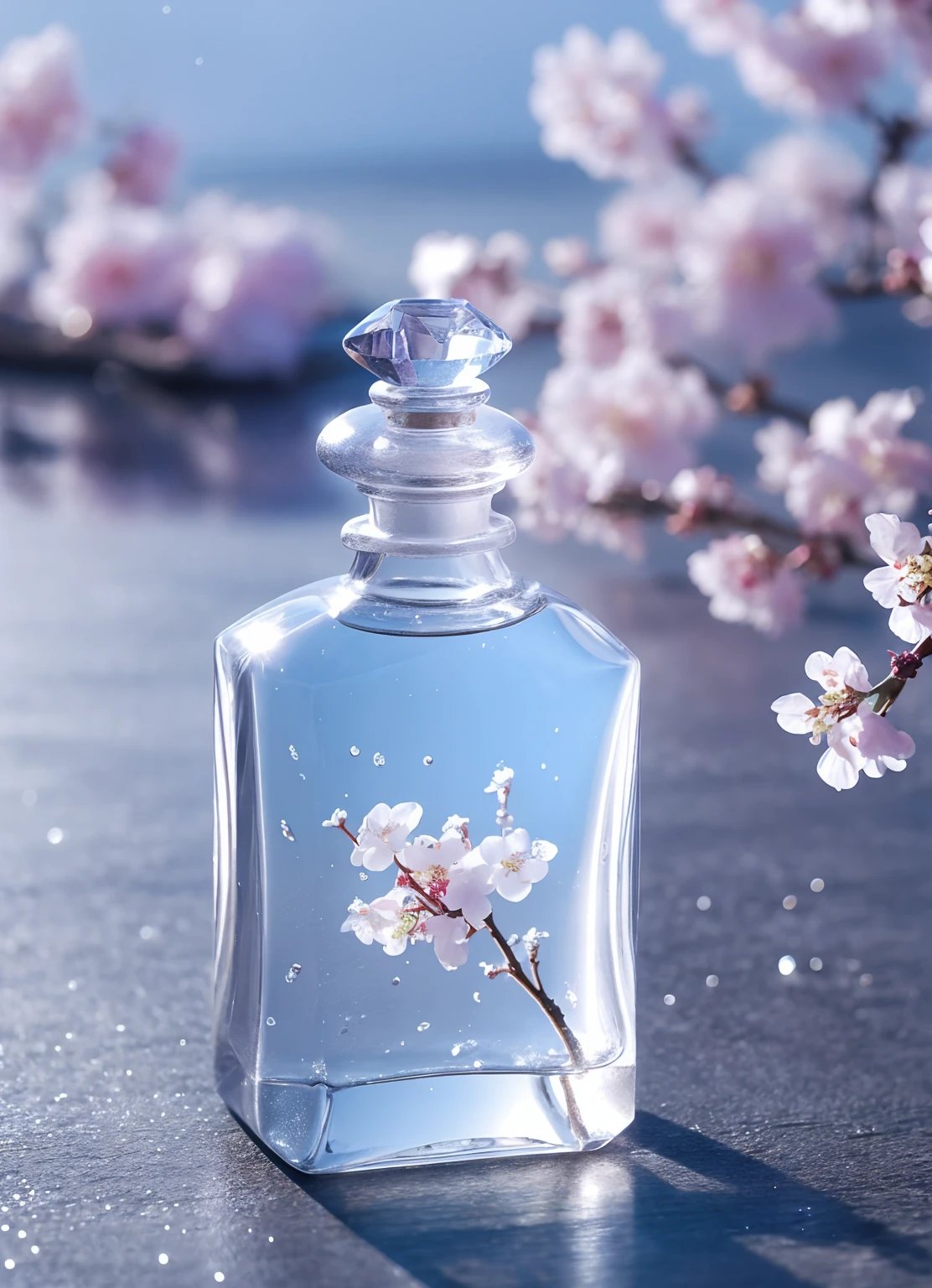 masterpiece, reality.Photorealistic, High Quality Design, perfume bottle, jewelry, Water Drop, Flowers, Cherry Blossom, snow, 8K quality, Fantasy, beautiful,