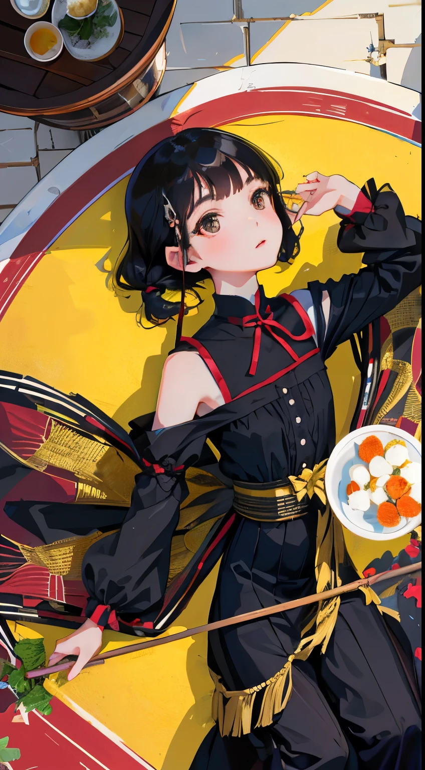 Overlooking,highest quality,Beautiful face in every detail,cute,Dark brown eyes,(背の低いcute女の子,Small young student,Young delicate girl),(masterpiece,Top quality),Black Hair,Sleepy expression,Black ta Clothing,race,mini skirt,garden