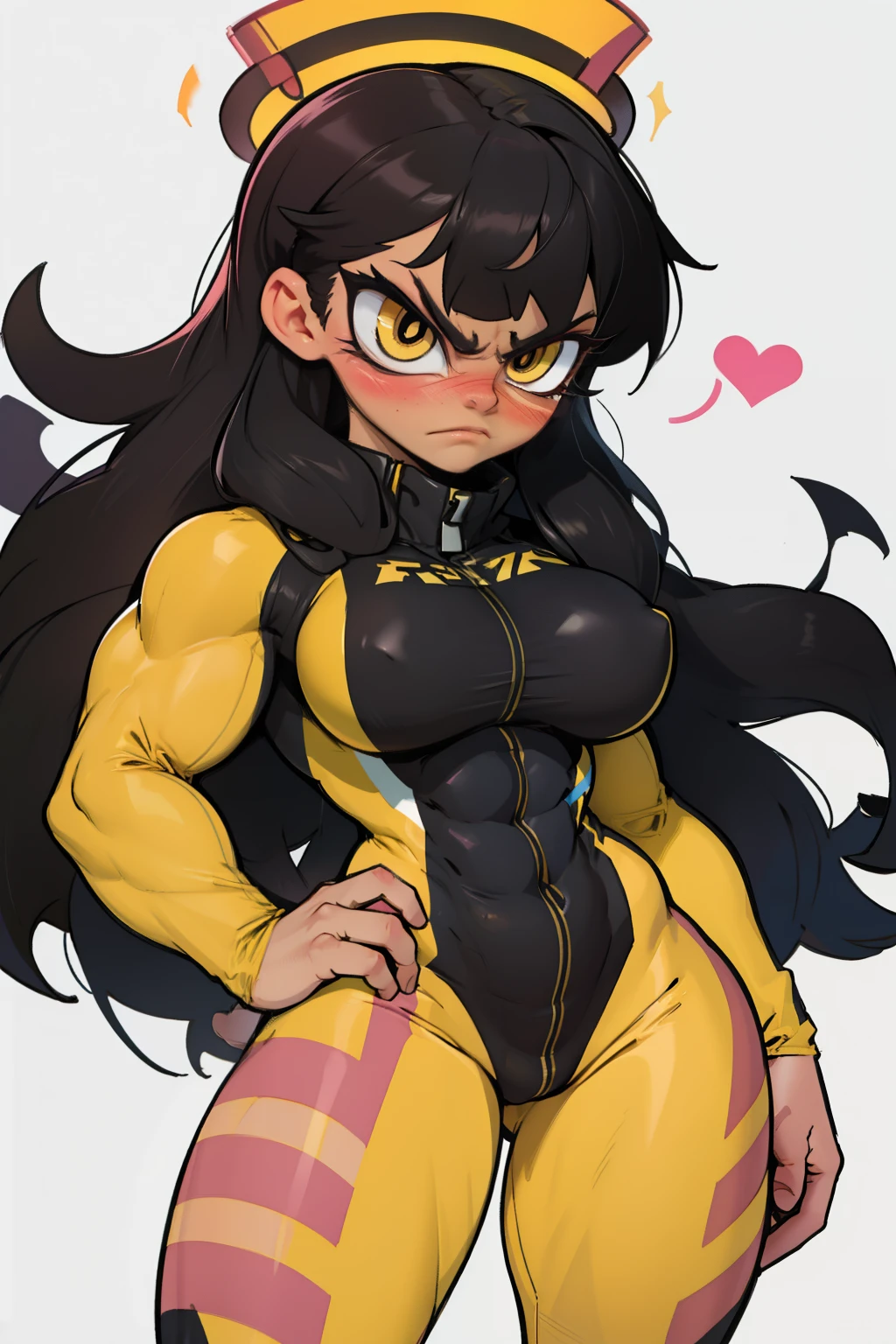 1girl (((muscular toned body))) huge breasts thick thighs wide hips curvy abs black hair yellow eyes very long hair pale skin voluptuous angry blush bodysuit