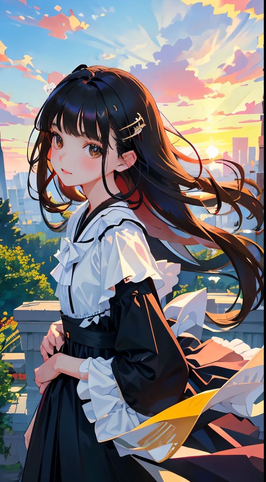 Overlooking，highest quality，Beautiful face in every detail，cute，Dark brown eyes，(背の低いcute女の子，Small young student，Young delicate girl）,（masterpiece，Top quality)，Black Hair，Sleepy expression，Black Lolita Clothing，race，mini skirt，garden