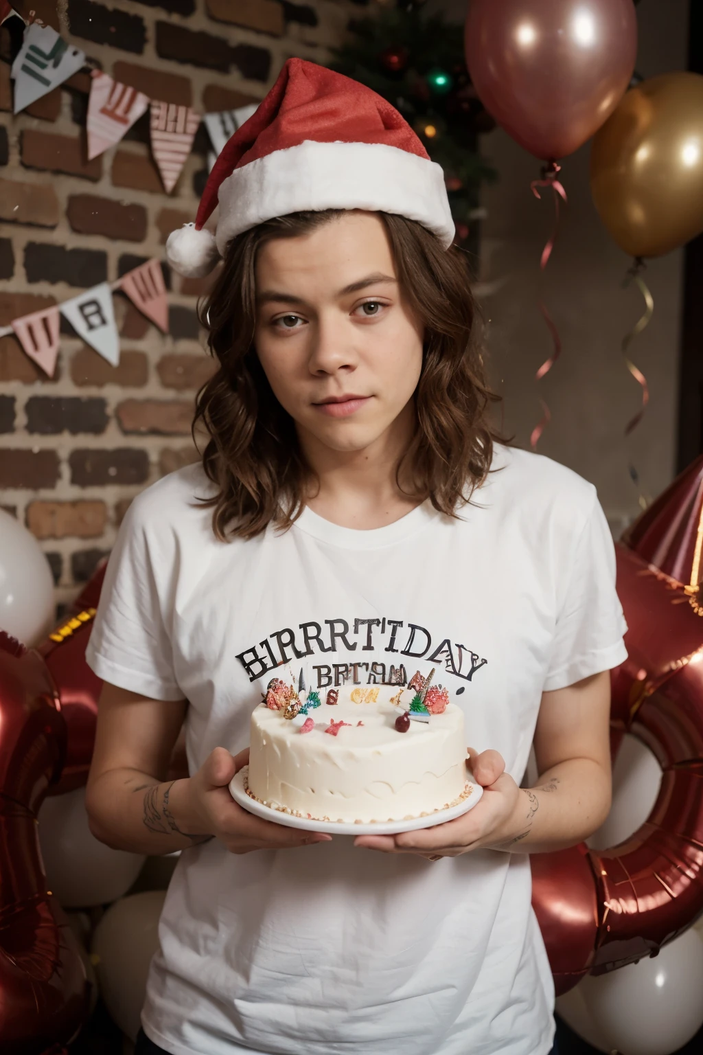 Harry Styles holding a birthday cake and a party balloon that says "Santa, santa, no eres Pao". Wear a birthday hat.