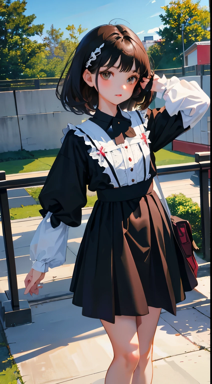 Overlooking,highest quality,Beautiful face in every detail,cute,Dark brown eyes,(背の低いcute女の子,Small young student,Young delicate girl),(masterpiece,Top quality),Black Hair,Sleepy expression,Black Lolita Clothing,race,mini skirt,garden