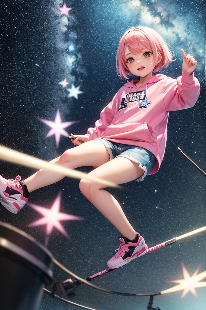 Pink Hair　Short Hair　juvenile　Pink hoodie and shorts　Star Stick　Starry Sky　night
