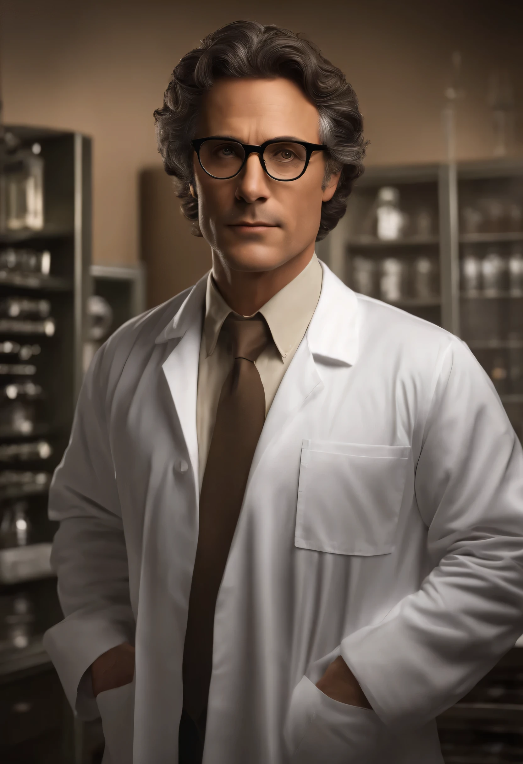 portray Bruce Banner as a middle-aged scientist with dark brown or black hair slicked back and brown eyes wearing a lab coat and thick glasses, Rectangular frame glasses that give an air of intellectuality and scientificity to your appearance;. His physical build is generally described as thin, with average height.